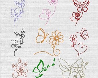 Ensemble de 9 motifs de broderie papillon fleur contour, téléchargement immédiat, 6 tailles