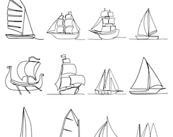 Ensemble de 12 motifs de broderie voilier contour, broderie bateau, téléchargement immédiat