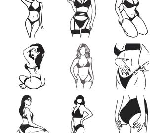Lot de 9 broderies femme en bikini dessin au trait motif bikini corps féminin fichiers machine lot de 9
