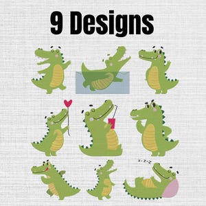 May include: A digital collection of 9 Designs featuring cartoon crocodiles in various poses. The green crocodiles have yellow bellies and are shown swimming, holding a red heart balloon, drinking from a cup, and sleeping with z-z-z text.