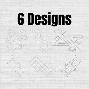 Puede incluir: Un gráfico digital que presenta el texto 6 Designs en letras negras en negrita en la parte superior. Debajo del texto hay seis patrones de líneas distintos dispuestos en dos filas, que consisten en formas geométricas como triángulos, hexágonos, diamantes y chevrons.