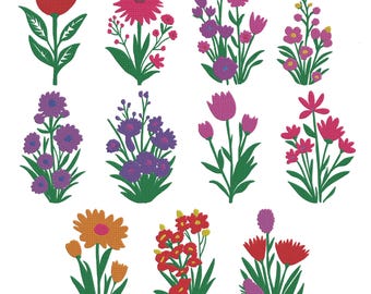Lot de 11 broderies fleurs sauvages printanières, téléchargement immédiat