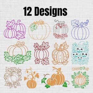 May include: A digital collection of 12 Designs featuring various pumpkin illustrations in outline and filled styles. The graphics include pumpkins with leaves, vines, and jack-o'-lantern faces, with one design featuring the text Happy Fall.
