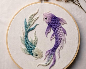 Motif de broderie poisson koi PDF, lot de motifs de broderie à la main, taille 6, téléchargement immédiat