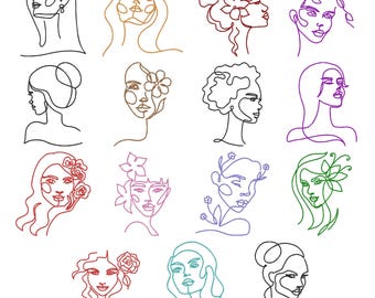 Lot de 15 motifs de broderie visage de femme abstrait, fichier de broderie d'art en une ligne, téléchargement immédiat