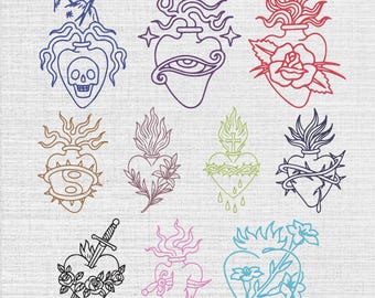 Ensemble de 11 motifs de broderie Machine tatouage sacré-cœur, téléchargement numérique, taille 7