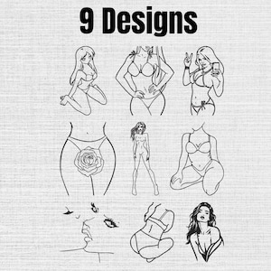 May include: A collection of 9 Designs featuring black line art illustrations of various figures in swimwear and lingerie, including a rose graphic, a full-body standing figure, a kissing profile, and several poses of individuals in bikini sets.