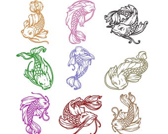 Lot de 9 motifs de broderie Machine poissons koi, fichier de broderie japonaise koi, téléchargement immédiat