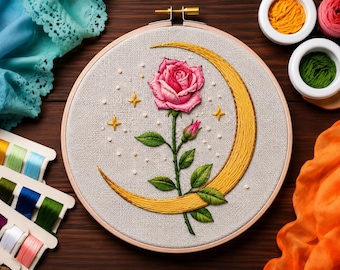Crescent Moon Blumen Stickerei Muster, PDF, Handstickerei Design Bundle, 6 Größen, Instant Download