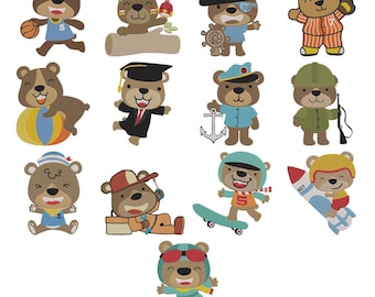 Ensemble de 13 fichiers de broderie Machine dessin animé ours, motif de broderie animal pour enfants, téléchargement immédiat