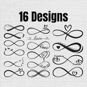 May include: A collection of 16 black infinity symbol designs arranged in a grid. The graphics feature various embellishments including hearts, birds, and the words love, together, and forever, all presented on a light textured background.