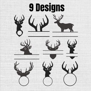 Puede incluir: Un gráfico digital que presenta el texto 9 Designs en la parte superior, seguido de nueve ilustraciones en silueta negra de cabezas de ciervo, astas y figuras de ciervos completos, cada una integrada con varios marcos, líneas y formas circulares.