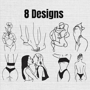 以下が含まれることがあります： 8 Designsと記されたデジタルコレクションで、人間の姿を描いた黒い線画イラストが含まれています。体のシルエット、花を持つ人物、キスをする二人、様々なポーズなどが、明るい質感の背景に描かれています。