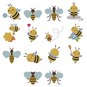 Honey Bee Embroidery Bundle, Cute Bumble Bee Embroidery Files,  Instant Download