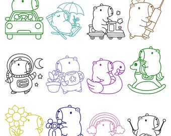 Lot de 12 motifs de broderie Capybara, fichier de broderie Machine Capybara kawaii, téléchargement immédiat