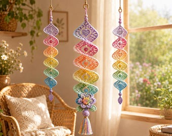 May include: Three hanging spiral ornaments crafted from crochet yarn in a rainbow gradient of purple, pink, yellow, green, and blue. Each piece features heart-shaped cutouts, small beads, and a central flower motif with a tassel at the bottom.