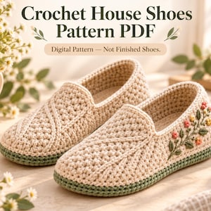 Könnte beinhalten: Ein Paar beige gehäkelte Hausschuhe mit grüner Sohle und Blumenstickerei an der Seite. Der Text lautet: Crochet House Shoes Pattern PDF. Digital Pattern — Not Finished Shoes. Die Schuhe haben ein strukturiertes Maschenbild und Slipper-Design.