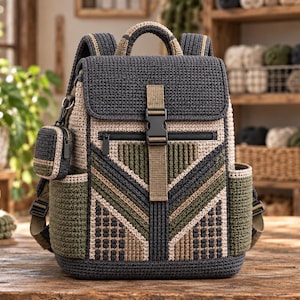 Peut inclure: Un sac à dos en crochet avec un motif géométrique gris anthracite, vert olive et beige. Le sac possède un rabat supérieur avec une boucle en plastique noir, une poche frontale zippée, deux poches latérales et une petite pochette carrée amovible.