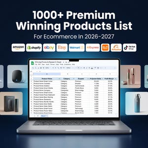 May include: A laptop screen showing a spreadsheet titled "Winning Products Research Sheet" with product data, categories, and sales figures. The image includes logos for e-commerce platforms such as Amazon, Etsy, and Shopify, promoting online sales.