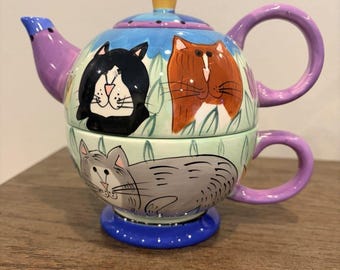 Catzilla Candace Reiter Hand Painted Cats Tea for One Teapot Stackable Tabby