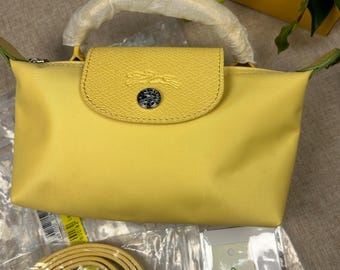 Longchamp Mini Chick Gelb Umhängetasche Cabrio Crossbody mit abnehmbaren Riemen, Damen Nylon Handtasche, Geschenk für sie