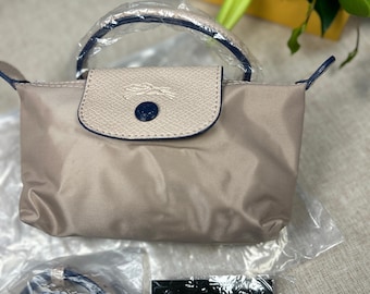 Longchamp Mini Hellgrau Braun Crossbody Bag Cabrio Crossbody mit abnehmbaren Riemen, Damen Nylon Handtasche, Geschenk für sie