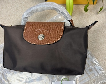 Longchamp mini braune Umhängetasche mit abnehmbarem Schultergurt, Damen Nylon Einkaufstasche, ein Geschenk für sie.