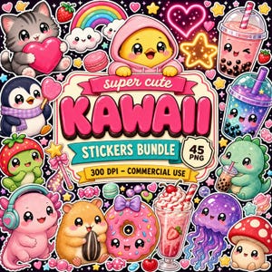 Kawaii Stickers PNG Bundle, 45 Clipart Designs with 300 DPI