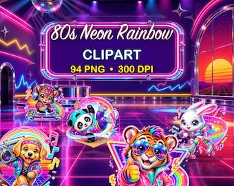 80s Clipart Neon Rainbow Bundle, 94 PNG Digital Stickers & Seamless Patterns
