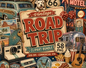 Road Trip Clipart Bundle, Vintage Americana Graphics with 58 PNG Files