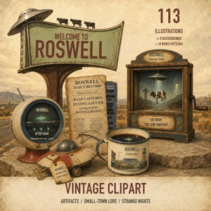 Roswell Alien & UFO Clipart Bundle, 113 Vintage PNGs for Junk Journals