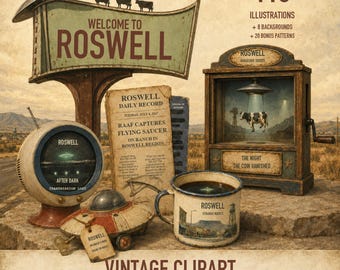 Roswell Alien & UFO Clipart Bundle, 113 Vintage PNGs for Junk Journals