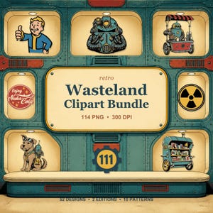 Pack d'images clipart inspirées de Fallout, 114 fichiers PNG, noir et blanc + couleur, 10 motifs sans raccord, designs rétro post-apocalyptiques