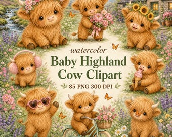 Highland Cow Clipart, 85 Watercolor PNG Designs for Creative Projects