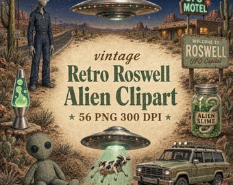 Alien Clipart Bundle, 56 Vintage Roswell Designs with Background Papers & Patterns