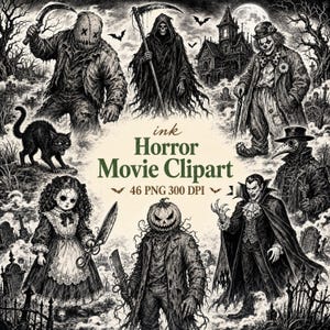 Horror PNG Bundle, 46 Scary Movie Clipart Designs with Transparent PNG Files