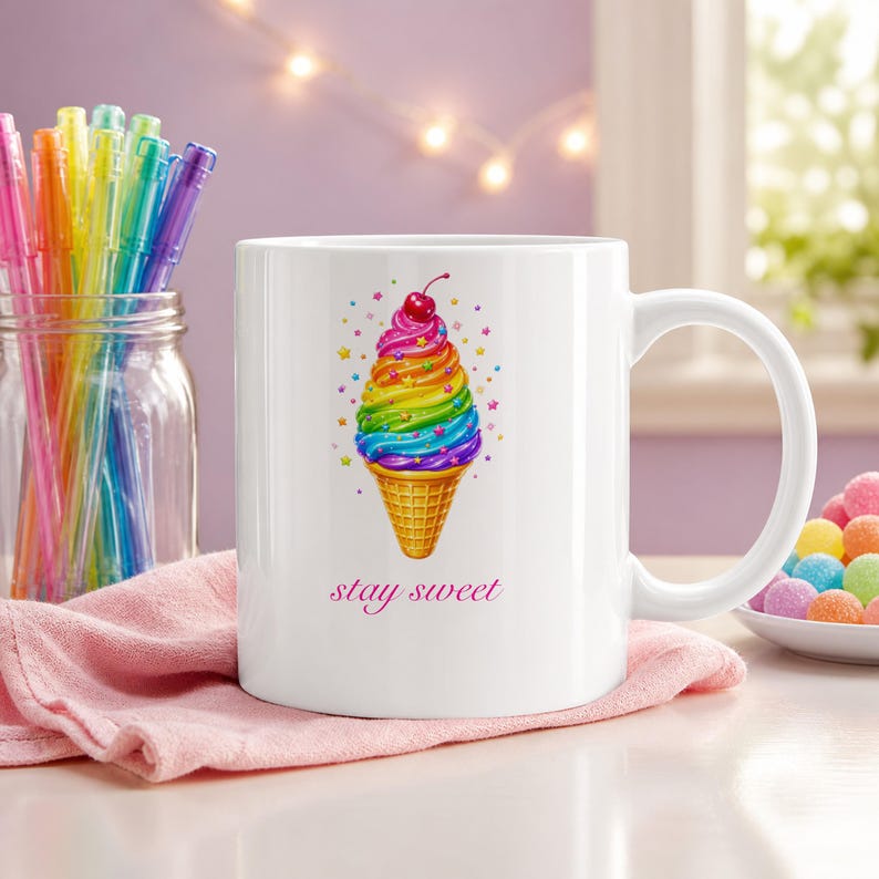 A white mug with a rainbow ice cream cone design and the text "stay sweet" sits on a pink cloth next to a jar of colorful pens and a bowl of jelly beans.