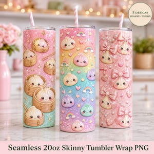 Squishy Dumpling Tumbler Wrap PNG, 5 Kawaii Glitter Designs for 20oz Skinny Tumblers