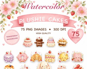 75 Watercolor Plushie Cakes Clipart, Kawaii Dessert PNG Bundle, Cute Birthday Cake Sticker Art, Plush Bunny Sweet Treats, Digital Download