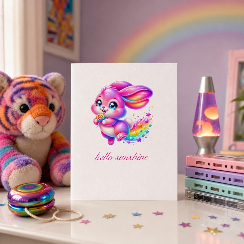A white greeting card with a pink and rainbow bunny holding a lollipop, and the text "hello sunshine" on a white desk with a tiger plush, yoyo, lava lamp, and cassette tapes.