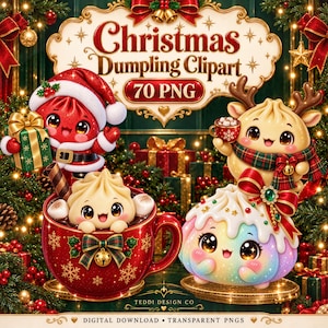 Puede incluir: Una colección digital de imágenes prediseñadas de dumplings navideños con 70 archivos PNG. La imagen muestra tres dumplings de dibujos animados: uno con traje de Santa y un regalo, uno de reno con una taza y otro en una taza roja.