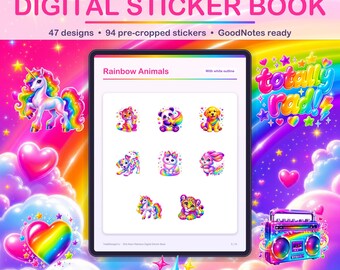 90S Neon Rainbow GoodNotes Stickers, Digital Book with 94 Pre-Cropped PNGs