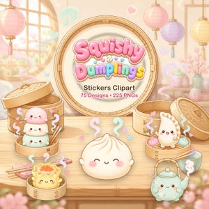 Może przedstawiać: Cyfrowy zestaw graficzny zatytułowany Squishy Dumplings Stickers Clipart 75 Designs 225 PNGs przedstawiający rysunkowe pierożki z buźkami, bambusowe parowniki i czajniczek na drewnianym stole z różowymi lampionami i kwiatami wiśni.