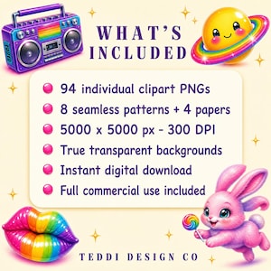 Text "WHAT'S INCLUDED" above a list of features, including "94 individual clipart PNGs" and "8 seamless patterns", with a boombox, planet, rainbow lips, and bunny with a lollipop.