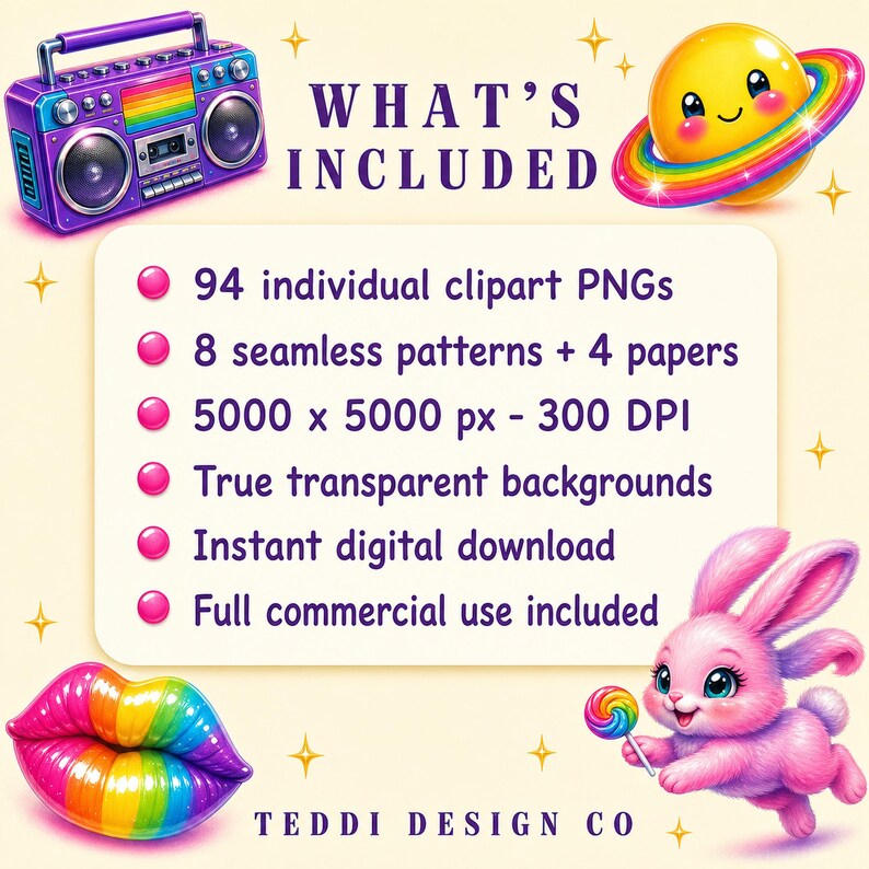 Text "WHAT'S INCLUDED" above a list of features, including "94 individual clipart PNGs" and "8 seamless patterns", with a boombox, planet, rainbow lips, and bunny with a lollipop.