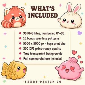 Four cartoon illustrations of kawaii food items: a red panda, a bunny dumpling, a fish-shaped treat, and a pink heart-eyed dumpling.