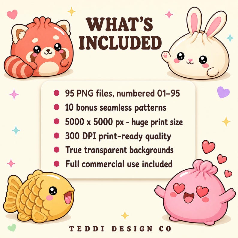 Four cartoon illustrations of kawaii food items: a red panda, a bunny dumpling, a fish-shaped treat, and a pink heart-eyed dumpling.