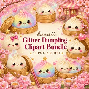 May include: A digital clipart bundle featuring multiple kawaii-style dumplings with smiling faces, some with rainbow glitter textures, presented in bamboo steamers amidst pink cherry blossoms, hearts, and stars, with the text "kawaii Glitter Dumpling Clipart Bundle 19 PNG 300 DPI".
