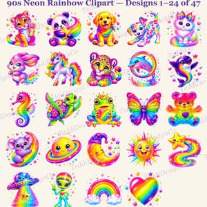 A grid of 24 neon rainbow-colored cartoon designs, including animals, hearts, stars, and other shapes, with text "90s Neon Rainbow Clipart - Designs 1-24 of 47".