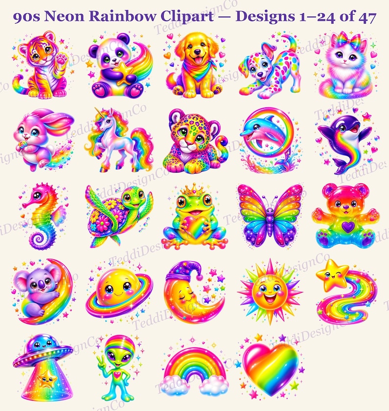 A grid of 24 neon rainbow-colored cartoon designs, including animals, hearts, stars, and other shapes, with text "90s Neon Rainbow Clipart - Designs 1-24 of 47".